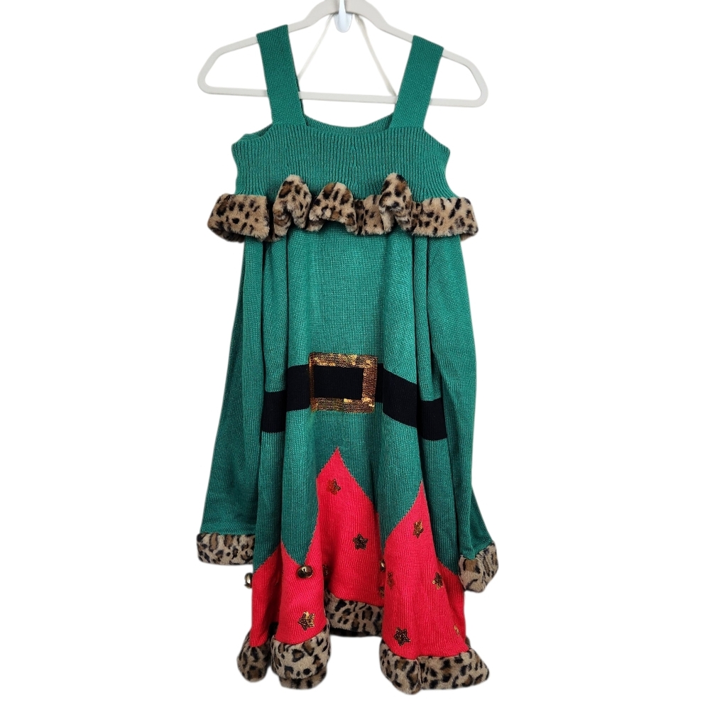 Holiday Time NWT Ugly Christmas Elf Dress Leopard Cheetah Faux Fur Women Size 2X - Picture 2 of 9